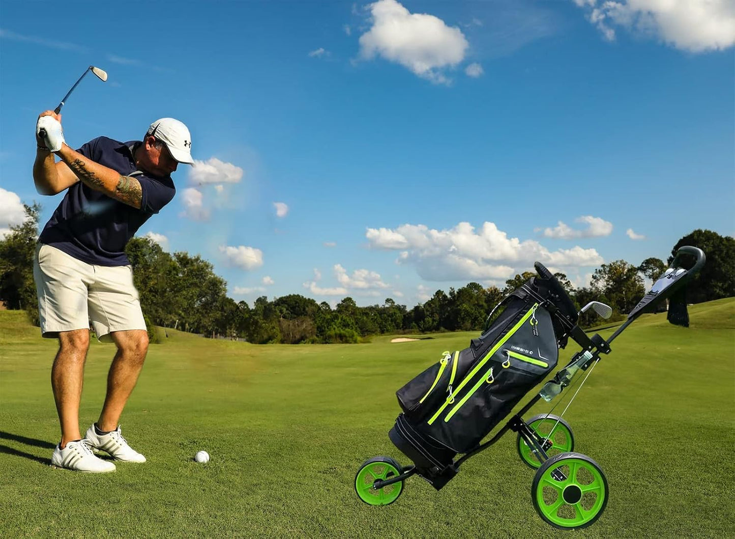 Golf Cart, Lightweight Collapsible 3 Wheels Golf Push Cart,Golf Bag Cart with Scoreboard Bag Foot Brake, Cup & Mobile Phone Holder Golf Bag Cart. (Green)