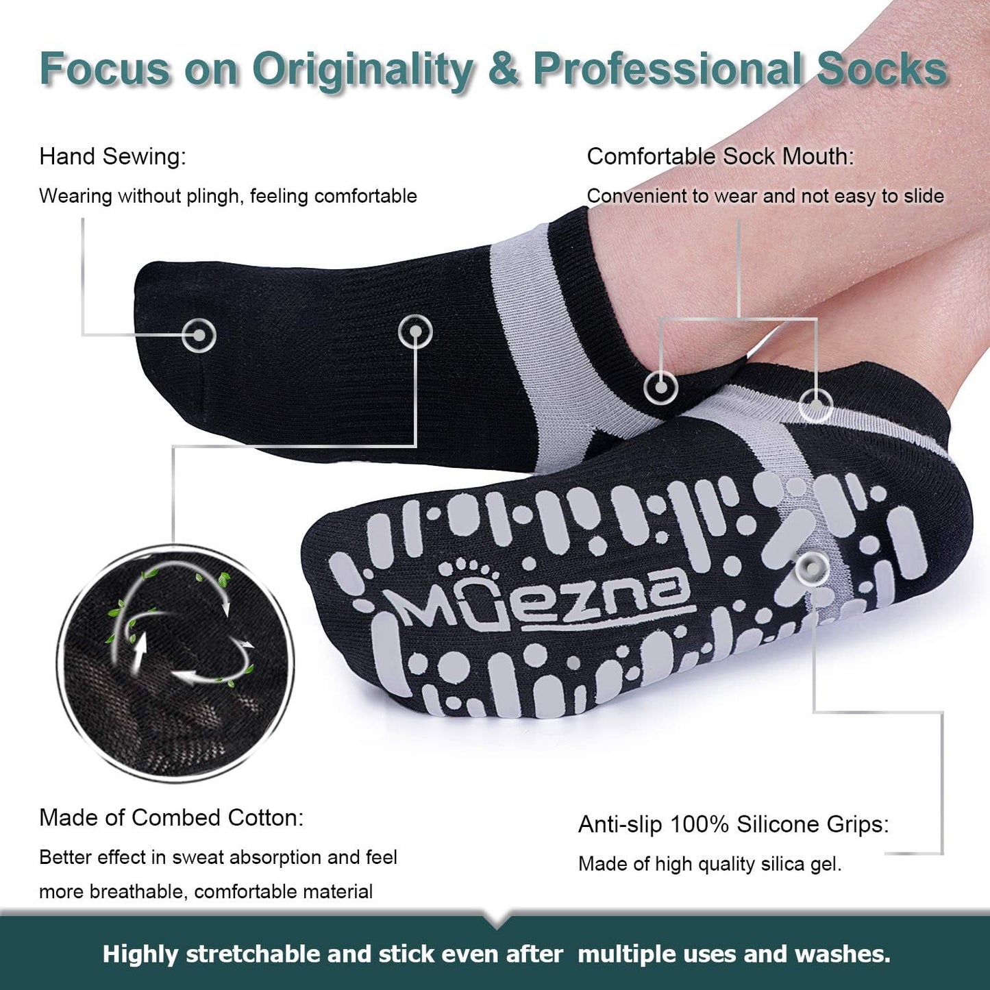 Non Slip Yoga Socks for Women, Anti-Skid Pilates, Barre, Hospital Socks with Grips, Size 5-10