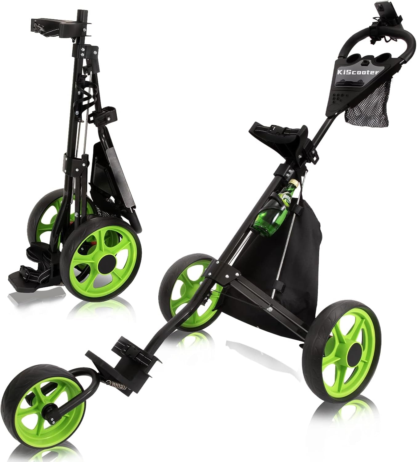 Golf Cart, Lightweight Collapsible 3 Wheels Golf Push Cart,Golf Bag Cart with Scoreboard Bag Foot Brake, Cup & Mobile Phone Holder Golf Bag Cart. (Green)