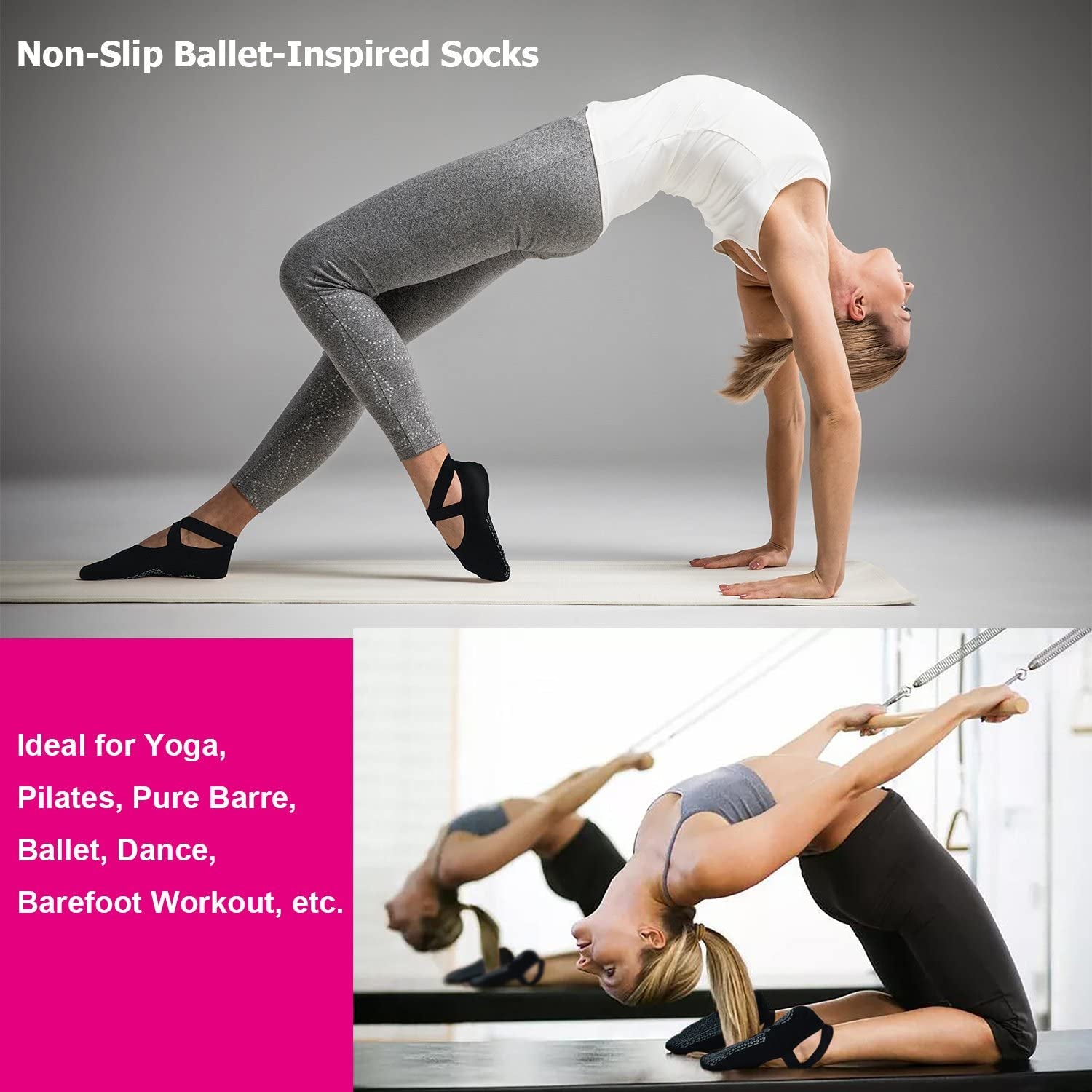 Pilates Socks for Women Non Slip Grip, Yoga Socks with Grippers for Barre, Hospital, Ballet, Dance, Barefoot Workout