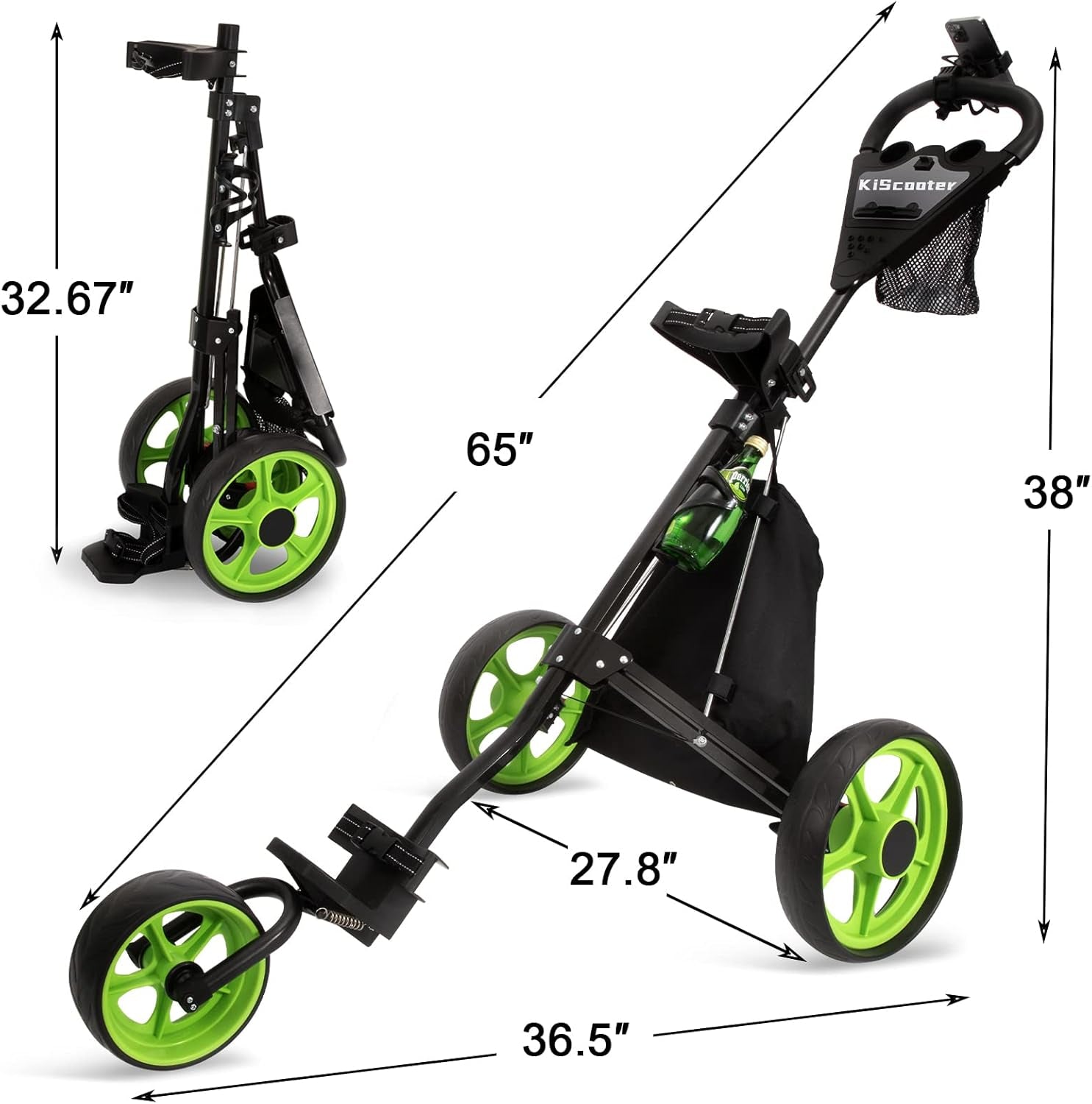 Golf Cart, Lightweight Collapsible 3 Wheels Golf Push Cart,Golf Bag Cart with Scoreboard Bag Foot Brake, Cup & Mobile Phone Holder Golf Bag Cart. (Green)