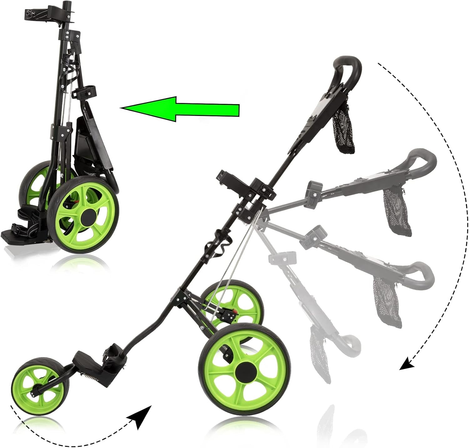 Golf Cart, Lightweight Collapsible 3 Wheels Golf Push Cart,Golf Bag Cart with Scoreboard Bag Foot Brake, Cup & Mobile Phone Holder Golf Bag Cart. (Green)