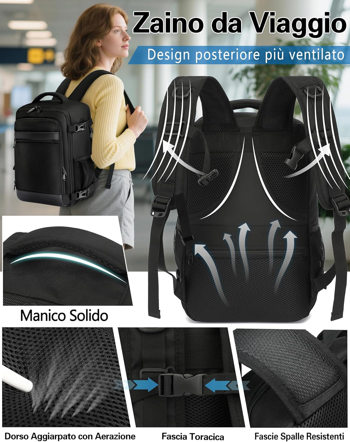 Zaino Ryanair 40X20X25 Da Viaggio Aereo Bagaglio a Mano 20L Borsa Da Cabina per Uomo E Donna, Lavoro, Trekking, Scuola, 14 Pollici Porta PC Dayback Nero