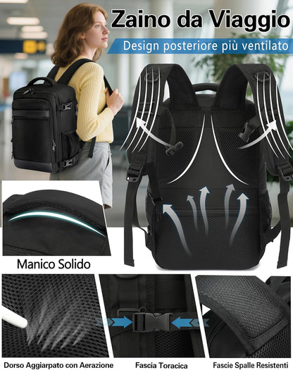 Zaino Ryanair 40X20X25 Da Viaggio Aereo Bagaglio a Mano 20L Borsa Da Cabina per Uomo E Donna, Lavoro, Trekking, Scuola, 14 Pollici Porta PC Dayback Nero