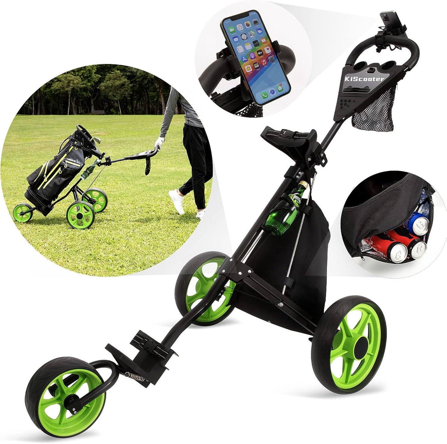 Golf Cart, Lightweight Collapsible 3 Wheels Golf Push Cart,Golf Bag Cart with Scoreboard Bag Foot Brake, Cup & Mobile Phone Holder Golf Bag Cart. (Green)