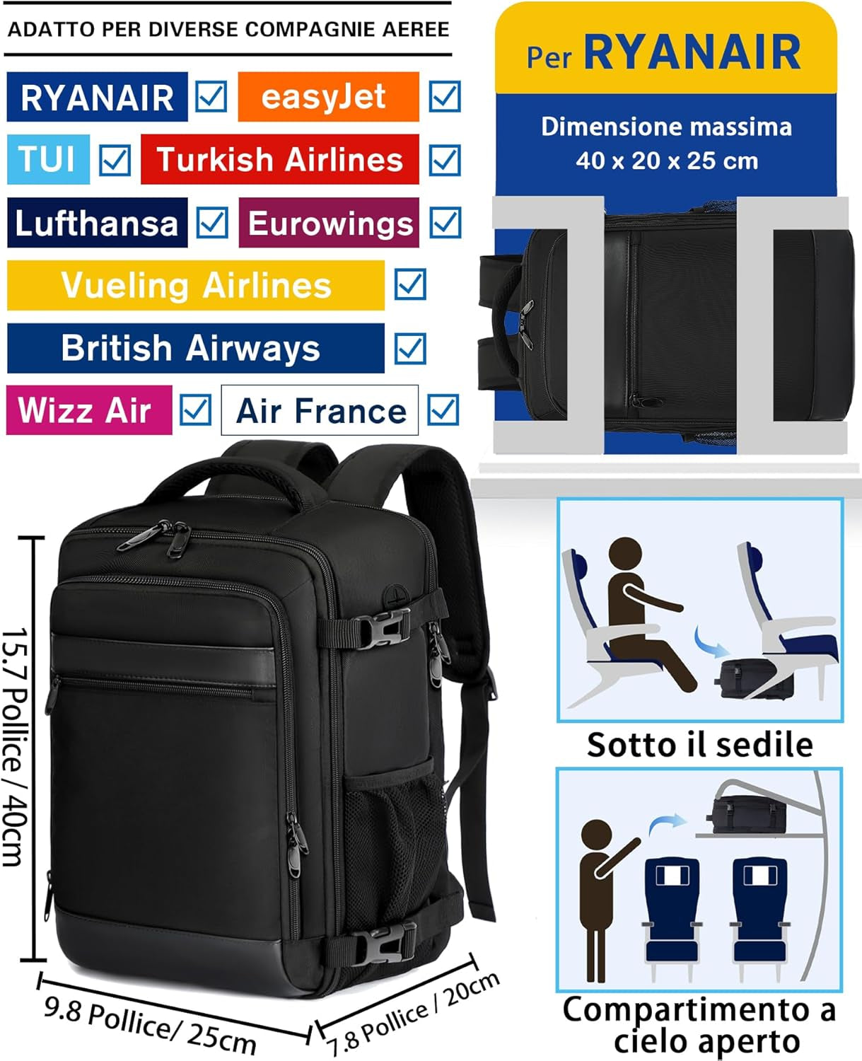 Zaino Ryanair 40X20X25 Da Viaggio Aereo Bagaglio a Mano 20L Borsa Da Cabina per Uomo E Donna, Lavoro, Trekking, Scuola, 14 Pollici Porta PC Dayback Nero
