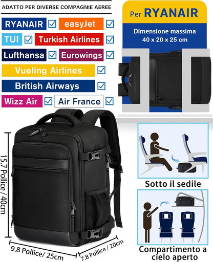 Zaino Ryanair 40X20X25 Da Viaggio Aereo Bagaglio a Mano 20L Borsa Da Cabina per Uomo E Donna, Lavoro, Trekking, Scuola, 14 Pollici Porta PC Dayback Nero