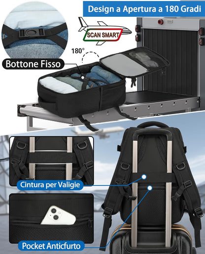 Zaino Ryanair 40X20X25 Da Viaggio Aereo Bagaglio a Mano 20L Borsa Da Cabina per Uomo E Donna, Lavoro, Trekking, Scuola, 14 Pollici Porta PC Dayback Nero